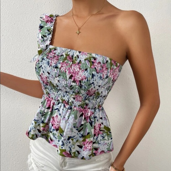 Boho floral print one shoulder shirred peplum blouse - Picture 5 of 6